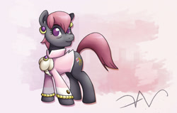 Size: 2200x1400 | Tagged: safe, artist:swasdoodles, artist:swasfews, imported from derpibooru, prim hemline, earth pony, pony, clothes, ear piercing, earring, female, jewelry, looking at something, mare, piercing, simple background, smiling, solo, sweater