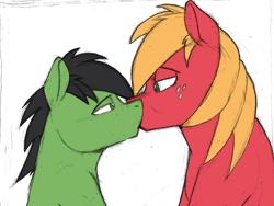 Size: 2277x1715 | Tagged: safe, artist:sefastpone, imported from derpibooru, big macintosh, oc, oc:anon stallion, earth pony, pony, canon x oc, colored sketch, earth pony oc, freckles, gay, kissing, looking at each other, looking at someone, male, simple background, stallion, white background