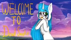 Size: 1280x720 | Tagged: safe, artist:deadsmoke, derpibooru exclusive, imported from derpibooru, oc, pony, unicorn, ;p, blue, cute, fur, horn, one eye closed, scar, sky, snowy, solo, tongue out, unicorn oc, white, wink, youtube channel, youtube thumbnail