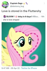 Size: 720x1082 | Tagged: safe, imported from derpibooru, screencap, fluttershy, pegasus, worm, cherry blossoms, english, female, flower, flower blossom, green eyes, heart, love, mare, meta, stars, text, twitter, x (platform)