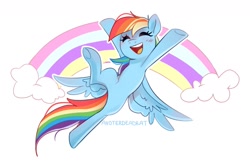 Size: 1280x853 | Tagged: safe, artist:anotherdeadrat, imported from derpibooru, rainbow dash, pegasus, pony, blushing, cloud, eyes closed, female, flying, happy, mare, open mouth, open smile, rainbow, signature, simple background, smiling, solo, spread wings, white background, wings