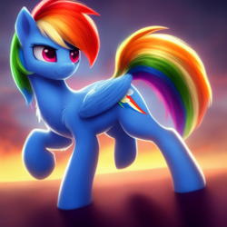 Size: 1024x1024 | Tagged: safe, imported from derpibooru, rainbow dash, pegasus, pony, action pose, ai content, ai generated, chest fluff, confident, female, folded wings, generator:stable diffusion, mare, raised hoof, smiling, smirk, solo, wings