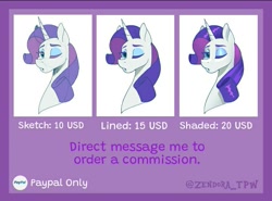 Size: 719x532 | Tagged: safe, artist:zendora, imported from derpibooru, rarity, pony, unicorn, advertisement, bust, commission info, female, mare, one eye closed, wink