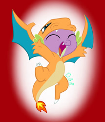 Size: 750x874 | Tagged: safe, artist:gracefulart693, imported from derpibooru, spike, charizard, dragon, abstract background, cheering, clothes, costume, crossover, cute, kigurumi, male, open mouth, pokémon, smiling, solo, spikabetes, winged spike, wings