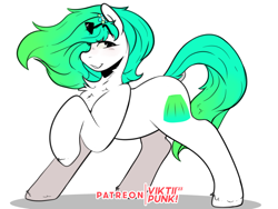 Size: 1600x1200 | Tagged: safe, artist:viktiipunk, imported from derpibooru, oc, oc only, oc:gumdrop, earth pony, pony, chest fluff, female, flower, flower in hair, mare, pose, raised hoof, raised tail, simple background, smiling, solo, sunglasses, tail, white background