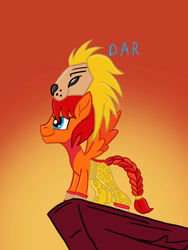 Size: 750x996 | Tagged: safe, artist:gracefulart693, imported from derpibooru, oc, big cat, lion, pegasus, braid, braided tail, cliff, clothes, colored wings, costume, male, pegasus oc, stallion, tail, the lion king, two toned wings, wings