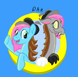 Size: 750x748 | Tagged: safe, artist:gracefulart693, imported from derpibooru, oc, oc only, draconequus, earth pony, abstract background, beret, draconequus oc, duo, earth pony oc, fangs, female, hat, heterochromia, mare, raised hoof, smiling