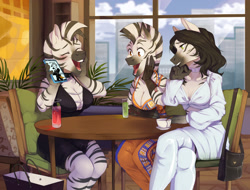 Size: 2204x1671 | Tagged: safe, artist:hakkids2, imported from derpibooru, oc, oc only, anthro, zebra, absolute cleavage, breasts, cellphone, choker, cleavage, clothes, conversation, dress, drink, eyes closed, female, hand on cheek, hand on chin, laughing, mohawk, phone, smartphone, trio, trio female, zebra oc