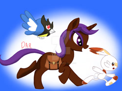 Size: 1280x960 | Tagged: safe, artist:gracefulart693, imported from derpibooru, oc, pony, rookidee, scorbunny, unicorn, abstract background, bag, deviantart watermark, horn, obtrusive watermark, pokémon, running, saddle bag, unicorn oc, watermark