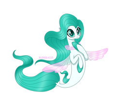 Size: 1280x1098 | Tagged: safe, artist:daisyarfield, imported from derpibooru, oc, oc only, seapony (g4), adoptable, clothes, collar, cute, digital art, dorsal fin, female, fin wings, fins, fish tail, flowing mane, flowing tail, green eyes, green mane, green tail, mare, seapony oc, see-through, signature, simple background, smiling, solo, swimming, tail, transparent background, wings