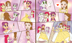 Size: 3800x2300 | Tagged: safe, artist:loverashley, imported from derpibooru, apple bloom, scootaloo, sweetie belle, human, equestria girls, beauty and the beast, blushing, clothes, comic, crossover, cutie mark crusaders, disney princess, dress, evening gloves, female, gloves, gown, heart, long gloves, pictogram