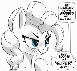 Size: 1200x1101 | Tagged: safe, artist:pabbley, imported from derpibooru, pinkie pie, earth pony, pony, bust, dialogue, female, grayscale, implied anon, implied boop, lewd, mare, monochrome, partial color, simple background, solo, speech bubble, sweat, white background