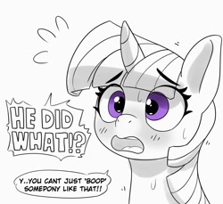 Size: 1200x1101 | Tagged: safe, artist:pabbley, imported from derpibooru, twilight sparkle, alicorn, pony, adorable distress, blushing, bust, cute, dialogue, emanata, female, grayscale, implied anon, implied boop, mare, monochrome, open mouth, partial color, plewds, simple background, solo, speech bubble, sweat, sweatdrops, twilight sparkle (alicorn), white background