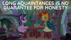 Size: 1920x1080 | Tagged: safe, edit, edited screencap, editor:quoterific, imported from derpibooru, screencap, starlight glimmer, sunburst, pony, unicorn, the crystalling, book, chair, doctor who, duo, female, male, mare, sitting, stallion, sunburst's house, table, teapot