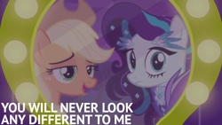 Size: 1920x1080 | Tagged: safe, edit, edited screencap, editor:quoterific, imported from derpibooru, screencap, applejack, coloratura, earth pony, the mane attraction, doctor who, duo, female, mare, mirror