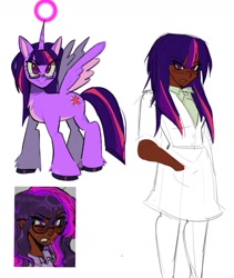 Size: 1225x1448 | Tagged: safe, artist:darkzombiez, imported from derpibooru, twilight sparkle, alicorn, human, pony, equestria girls, clothes, dark skin, duality, glasses, human ponidox, magic, self paradox, self ponidox, simple background, sketch, twilight sparkle (alicorn), white background