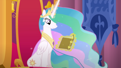 Size: 1280x721 | Tagged: safe, artist:mlp-silver-quill, imported from derpibooru, princess celestia, after the fact, after the fact:celestia centerpoints, book, canterlot castle, crown, cute, cutelestia, jewelry, magic, magic aura, peytral, reading, regalia, tapestry, throne room