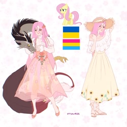 Size: 2048x2048 | Tagged: safe, artist:cryweas, imported from derpibooru, discord, fluttershy, draconequus, human, pegasus, pony, blushing, clothes, cute, discoshy, dress, feet, female, flats, freckles, hat, humanized, interspecies, male, pansexual, pansexual pride flag, pride, pride flag, sandals, see-through, shipping, shirt, shoes, shyabetes, skirt, stockings, straight, sun hat, thigh highs, ukraine, ukraine flag
