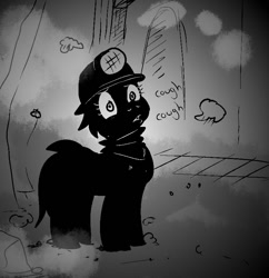Size: 761x785 | Tagged: safe, artist:pony quarantine, imported from derpibooru, oc, oc only, oc:number nine, earth pony, pony, coal, coughing, dirty, earth pony oc, female, grayscale, helmet, mare, mining helmet, monochrome, solo