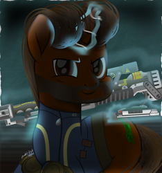 Size: 1258x1345 | Tagged: safe, artist:lincolnbrewsterfan, artist:skrollz, imported from derpibooru, oc, oc only, oc:willing vision, pony, unicorn, fallout equestria, .svg available, aura, bags under eyes, beard, birthday gift, brown eyes, brown mane, brown tail, buff, calculator, clothes, dark, determination, determined, determined face, determined look, determined smile, facial hair, fallout equestria oc, floor, gift art, glow, glowing horn, gradient mane, gradient tail, grin, gun, highlights, horn, inkscape, jumpsuit, leg guards, levitation, lifting, lying, lying down, magic, magic aura, male, moustache, movie accurate, muscles, nc-tv signature, pipbuck, pipbuck 3000, prone, realistic mane, rifle, shading, shadow, signature, simple background, smiling, solo, stallion, svg, tail, telekinesis, unicorn oc, vault suit, vector, wall, weapon, wrinkles