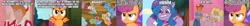 Size: 5733x600 | Tagged: safe, screencap, buttons (g1), danny williams, galaxy (g1), izzy moonbow, megan williams, molly williams, ribbon (g1), scootaloo, sea shimmer, wind whistler, earth pony, human, pegasus, pony, sea pony, unicorn, growing up is hard to do, my little pony 'n friends, the ghost of paradise estate, the magic coins, the return of harmony, angry, female, filly, g1, g4, g5, hate, lip bite, little boy, little girl, mare, my little pony: tell your tale, secret ad-mare-er, solo, teenage girl, teenager, wingding eyes