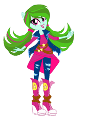 Size: 450x632 | Tagged: safe, artist:lovemonsterhigh123, imported from twibooru, oc, oc:green flash, equestria girls, belts, boots, clothes, high heel boots, image, jeans, jeans jacket, pants, png, ponied up, ponytail, shoes