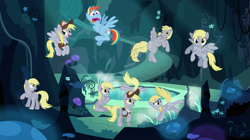 Size: 1229x689 | Tagged: safe, artist:cheesedoodle96, artist:floppychiptunes, artist:greenmachine987, artist:luckreza8, artist:pink1ejack, artist:tardifice, artist:the smiling pony, imported from ponybooru, derpy hooves, rainbow dash, pegasus, pony, aritst:spellboundcanvas, mirror pool, too many derpys