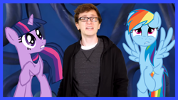 Size: 1920x1080 | Tagged: safe, artist:44nifty, imported from derpibooru, rainbow dash, twilight sparkle, human, pegasus, pony, unicorn, crossover, female, irl, irl human, male, mare, photo, ponies in real life, scared, scott the woz, unicorn twilight