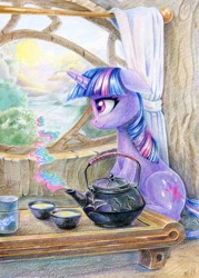 Size: 860x1200 | Tagged: safe, artist:maytee, imported from derpibooru, twilight sparkle, pony, unicorn, colored pencil drawing, cup, female, floppy ears, mare, scenery, sitting, solo, teacup, teapot, traditional art, unicorn twilight, window