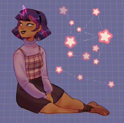 Size: 720x710 | Tagged: safe, artist:cinnavee, imported from derpibooru, twilight sparkle, human, clothes, constellation, hairband, humanized, moderate dark skin, sitting, skirt, solo