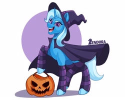 Size: 1250x1000 | Tagged: safe, artist:zendoratpw, imported from derpibooru, trixie, pony, unicorn, abstract background, cape, clothes, female, hat, mare, pumpkin bucket, smiling, solo, wizard hat