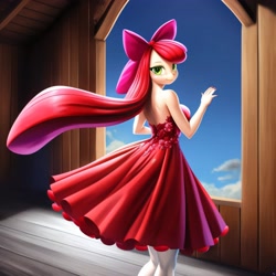 Size: 3072x3072 | Tagged: safe, imported from derpibooru, apple bloom, anthro, ai assisted, ai content, ai generated, barn, breasts, clothes, dress, female, generator:purplesmart.ai, generator:stable diffusion, older, older apple bloom, skirt, solo