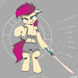 Size: 2802x2802 | Tagged: safe, artist:deafjaeger, imported from derpibooru, oc, oc only, oc:violetka, earth pony, pony, angry, armband, augmented, belly button, belt, bipedal, chest fluff, clothes, ears back, earth pony oc, female, front view, looking at you, magic, mare, phasesaw, shorts, simple background, solo, standing, standing on two hooves, sword, telekinesis, the chronicles of order, weapon