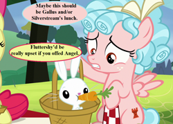 Size: 1008x720 | Tagged: safe, edit, edited screencap, imported from derpibooru, screencap, angel bunny, apple bloom, cozy glow, pegasus, pony, marks for effort, bad idea, basket, beware the nice ones, bow, carrot, cropped, dialogue, female, filly, foal, food, hair bow, herbivore, herbivore vs carnivore, implied carnivore, implied fluttershy, implied gallus, implied griffons doing griffon things, implied silverstream, male, picnic basket, speech bubble, tree
