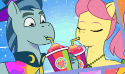 Size: 408x243 | Tagged: safe, imported from derpibooru, screencap, earth pony, pony, spoiler:g5, spoiler:my little pony: tell your tale, spoiler:tyts01e47, animated, drinking, drinking straw, duo, female, g5, male, mare, my little pony: tell your tale, posey bloom, posey catches a break, rufus, smoothie, stallion, sunny's smoothie moves