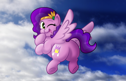 Size: 2000x1294 | Tagged: safe, artist:aleximusprime, imported from derpibooru, pipp petals, pegasus, pony, adorapipp, bootylicious, butt, chubby, cloud, crown, cute, design, eyebrows, female, flying, g4, g5, g5 to g4, generation leap, happy, jewelry, looking at you, looking back, looking back at you, mare, my little pony: make your mark, one eye closed, open mouth, open smile, pipp butt, pipp is chubby, plot, plump, rear view, regalia, shirt design, sky, smiling, smiling at you, teepublic, the ass was fat, underhoof, wink, winking at you