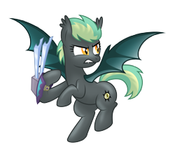 Size: 3810x3200 | Tagged: safe, artist:aleximusprime, imported from derpibooru, oc, oc only, oc:noctura, bat pony, fanfic:my little sister is a dragon, bat pony oc, blades, flying, gauntlet, gritted teeth, ready to fight, simple background, slit pupils, solo, spread wings, teeth, transparent background, weapon, wings