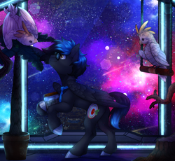Size: 1600x1472 | Tagged: safe, artist:dereketto, imported from derpibooru, oc, oc:mysterious star, bird, cockatoo, pegasus, pony, pegasus oc, space, standing, standing on two hooves