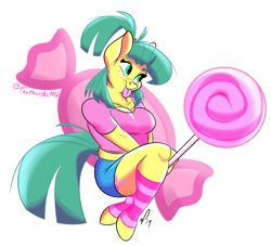 Size: 1030x935 | Tagged: safe, artist:feathers-ruffled, imported from derpibooru, oc, oc only, oc:stocking pop, anthro, earth pony, unguligrade anthro, breasts, butt freckles, candy, chest freckles, cleavage, clothes, dock, female, food, freckles, leg warmers, lollipop, mare, midriff, shirt, shorts, simple background, smiling, solo, striped leg warmers, striped legwear, tail, tongue out, white background