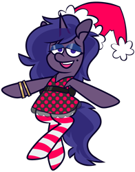 Size: 5458x6968 | Tagged: safe, artist:threetwotwo32232, imported from derpibooru, oc, oc only, oc:love bug, pony, unicorn, christmas, clothes, dress, female, hat, holiday, horn, mare, santa hat, simple background, socks, solo, striped socks, transparent background, unicorn oc