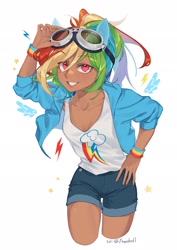 Size: 1448x2048 | Tagged: safe, artist:7hundredt, imported from derpibooru, kotobukiya, rainbow dash, human, clothes, cute, dark skin, eared humanization, female, goggles, hoodie, humanized, kotobukiya rainbow dash, looking at you, shorts, shrunken pupils, simple background, smiling, smiling at you, solo, tanktop, white background