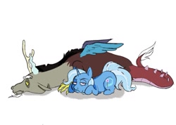 Size: 1145x815 | Tagged: safe, artist:limbteeth, artist:vilesmell, imported from derpibooru, discord, trixie, draconequus, unicorn, discord is not amused, duo, duo male and female, female, horn, lying down, male, mare, shadow, simple background, trixie is not amused, unamused, white background