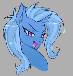 Size: 1338x1376 | Tagged: safe, artist:darkzombiez, imported from derpibooru, trixie, pony, unicorn, bust, chest fluff, ear fluff, open mouth, sharp teeth, simple background, smiling, solo, teeth