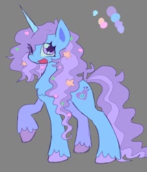Size: 840x980 | Tagged: safe, artist:chalkdraws, imported from derpibooru, izzy moonbow, pony, unicorn, alternate design, cute, female, g5, gray background, izzybetes, mare, open mouth, open smile, raised hoof, redesign, simple background, smiling, solo, stars, unshorn fetlocks