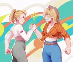 Size: 2048x1730 | Tagged: safe, artist:applesartt, imported from derpibooru, applejack, human, adora, clothes, confident, cool, denim, duo, female, front knot midriff, handshake, humanized, jeans, midriff, muscles, muscular female, pants, she-ra, she-ra and the princesses of power, smiling, sparkles