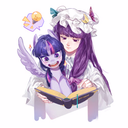 Size: 3000x3000 | Tagged: safe, artist:eopo, imported from derpibooru, twilight sparkle, alicorn, human, pony, book, bust, clothes, crossover, duo, emanata, human and pony, open mouth, open smile, patchouli knowledge, simple background, smiling, spread wings, that pony sure does love books, touhou, twichouli, twilight sparkle (alicorn), white background, wings