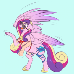 Size: 1919x1919 | Tagged: safe, artist:sepisnake, imported from derpibooru, princess cadance, oc, alicorn, human, blue background, clothes, commission, fetish, human oc, human to pony, male to female, mid-transformation, open mouth, ripping clothes, rule 63, simple background, spread wings, sunglasses, surprised, torn clothes, transformation, transgender, transgender transformation, wide eyes, wings
