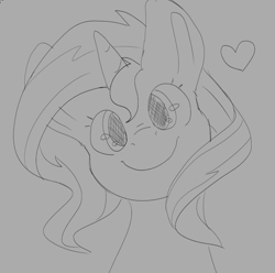 Size: 913x907 | Tagged: safe, artist:aliceg, imported from derpibooru, sunset shimmer, pony, unicorn, bust, c:, heart, looking at you, monochrome, sketch, smiling, solo