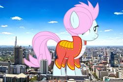 Size: 2048x1365 | Tagged: safe, artist:spaceponies, edit, editor:jaredking779, imported from derpibooru, soigne folio, earth pony, pony, background pony, clothes, female, giant pony, giant/macro earth pony, giantess, highrise ponies, irl, kenya, macro, mare, mega giant, nairobi, photo, ponies in real life, solo