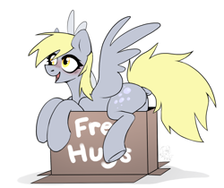 Size: 1932x1620 | Tagged: safe, artist:rtootb, imported from derpibooru, derpy hooves, pegasus, pony, blushing, box, butt, cute, digital art, dock, female, fluffy tail, free hugs, full body, g4, gray, gray fur, happy, looking down, looking up, mare, open mouth, open smile, plot, pony in a box, simple background, sitting, sketch, smiling, solo, spread wings, tail, white background, wings, yellow eyes, yellow mane, yellow tail